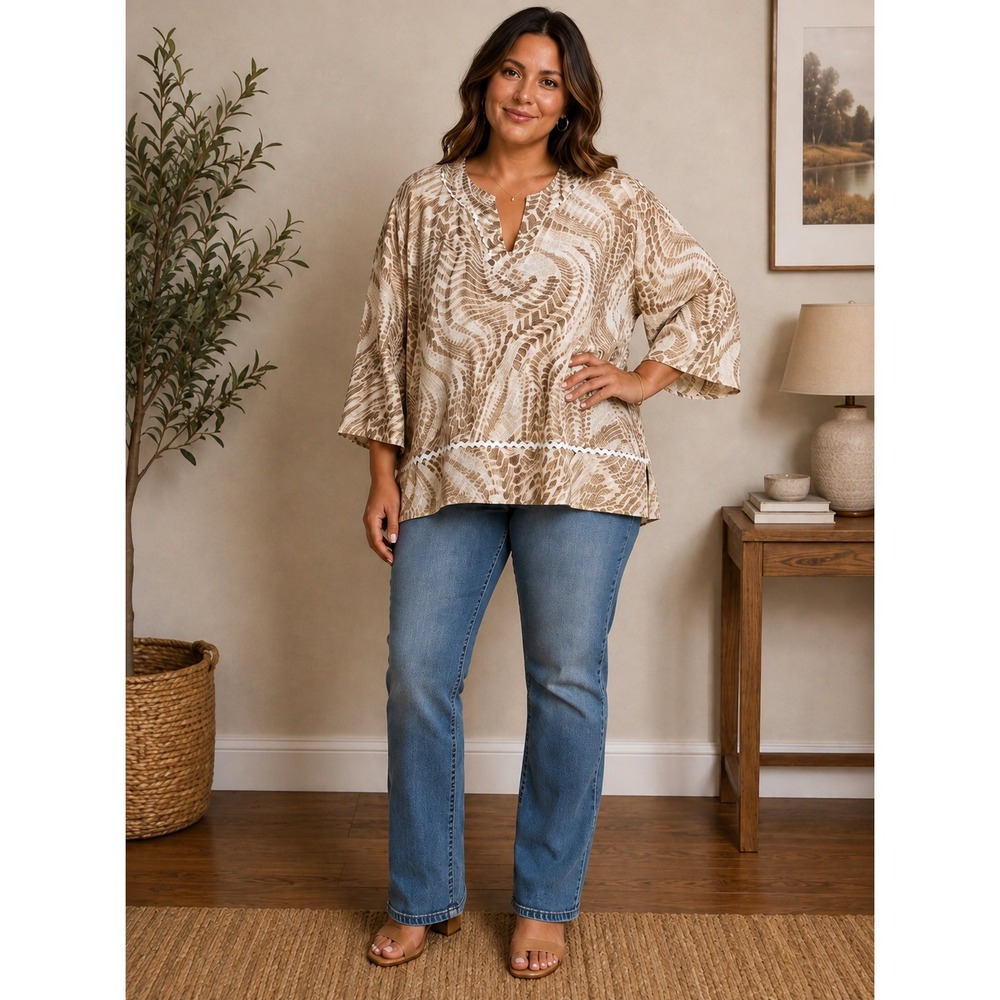 Ruby Rd Linen Tie Dye Blouse Women XL Tan Animal Print Ric Rac Trim Boho Resort